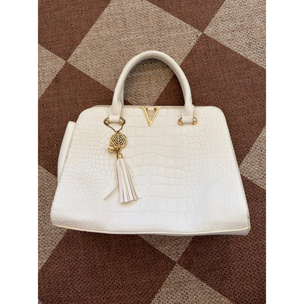 White Croc Embossed Satchel Handbag Gold Hardware Tassel Detail Top Handle Bag